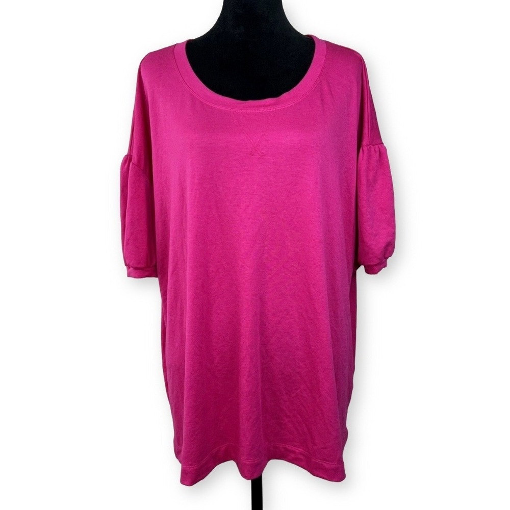 Crown & Ivy Womens 3X Pink Puff Sleeve V-Stitch French Terry Top RN 31104